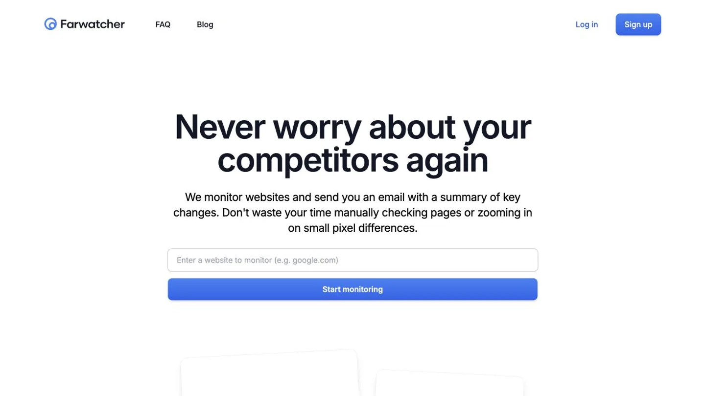 Farwatcher landing page with its competitor website monitoring form