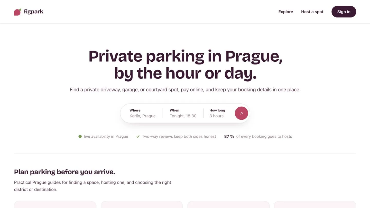 Figpark landing page showing a search for private parking in Prague