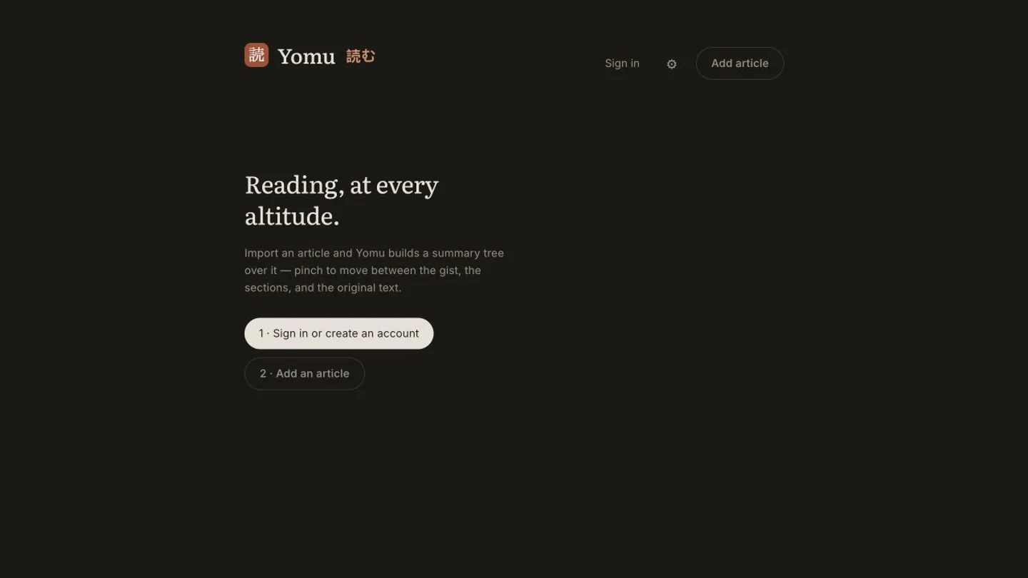 Yomu onboarding page explaining its article summary tree experience